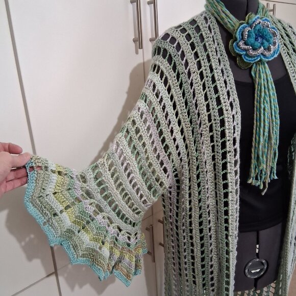 Light Green Mesh Long Ruffle Edge Sweater Large xl - Picture 8 of 9